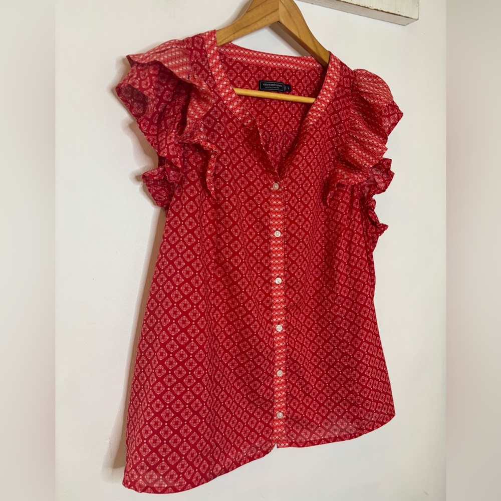 Vineyard Vines Red Tile Patterned Ruffle Blouse - image 5